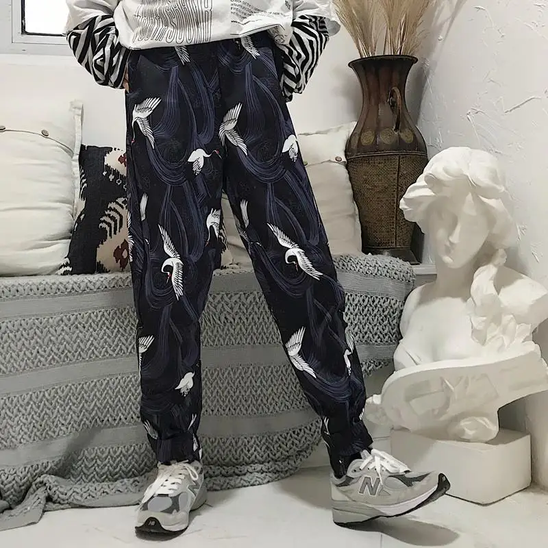 Весенние модные новые Harajuku уличные женские брюки с принтом журавля пара