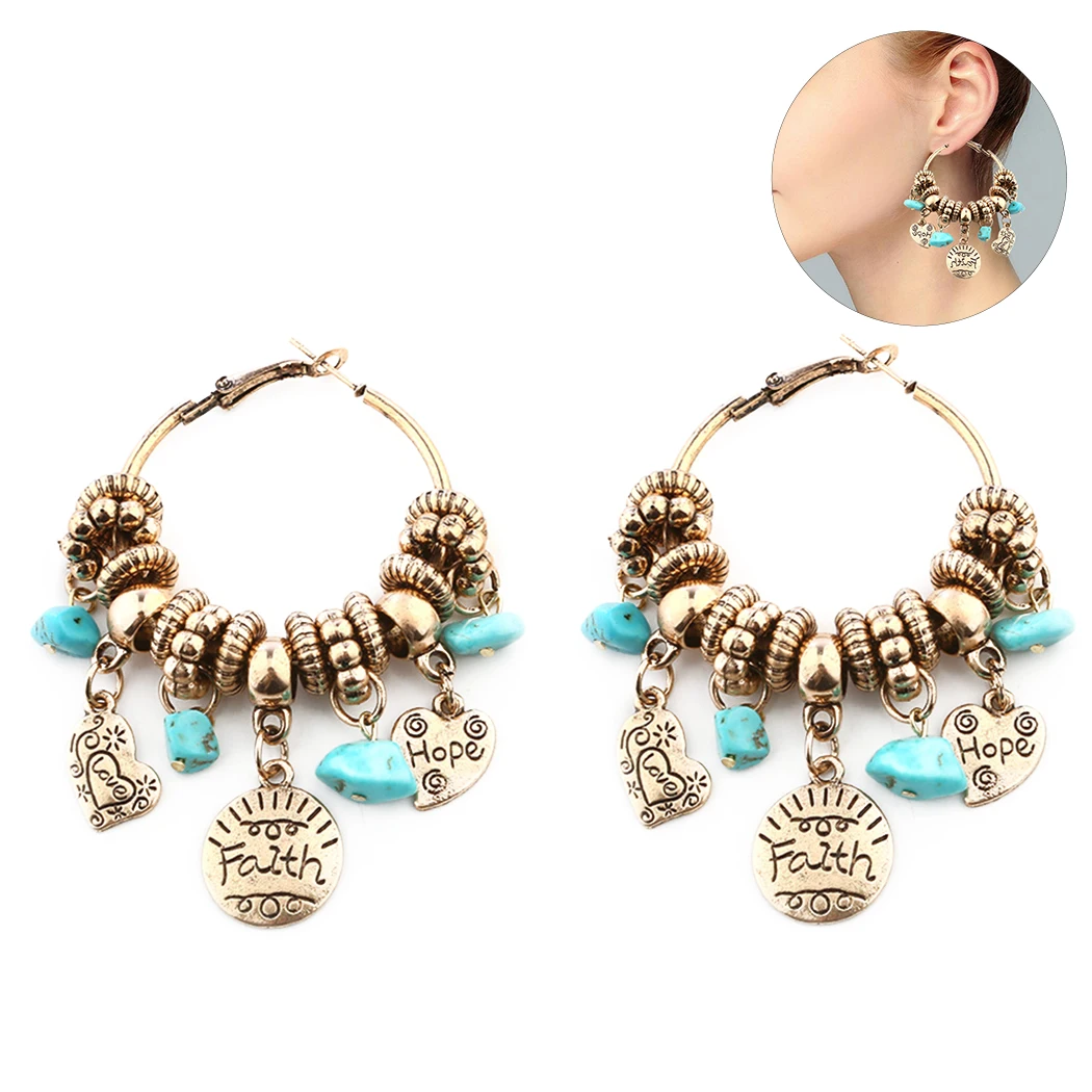 Women's Earrings Vintage Ear Hoops Turquoises Charm Pendant Bohimian Gold Color Oval Design | Украшения и аксессуары