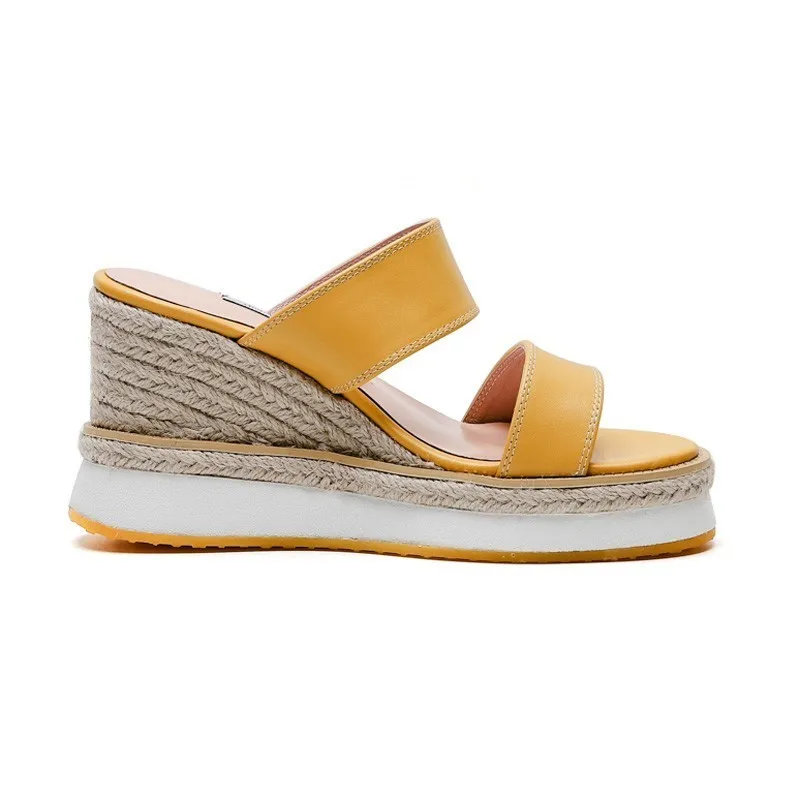 Women Wedges Heel Slippers Summer Genuine Leather Outside Platform Shoes Woman Black Beige Yellow High Heels Slides Sandal D018 | Обувь