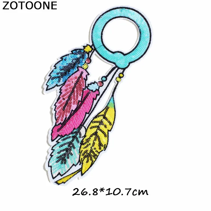 Большая вышитая нашивка ZOTOONE с блестками и цветными листьями перьями аппликация
