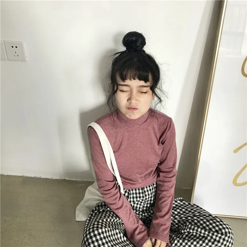 2019 г. Осенняя Корейская Ulzzang водолазка одноцветные футболки Для женщин