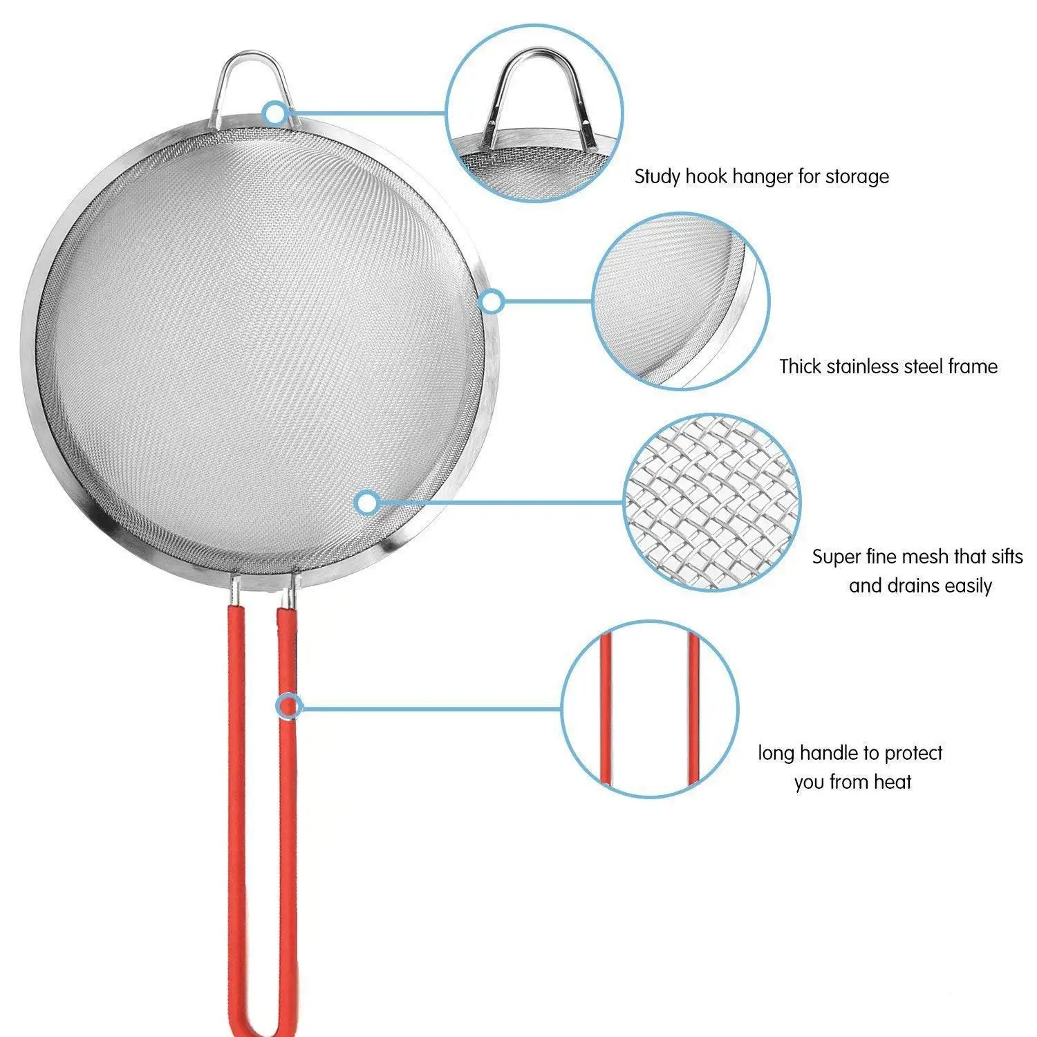 3 Fine Mesh Stainless Steel Strainers Colander With Slicone Handle - Food Strainer and Sieve Best for Kitchen Quinoa Spagh | Дом и сад