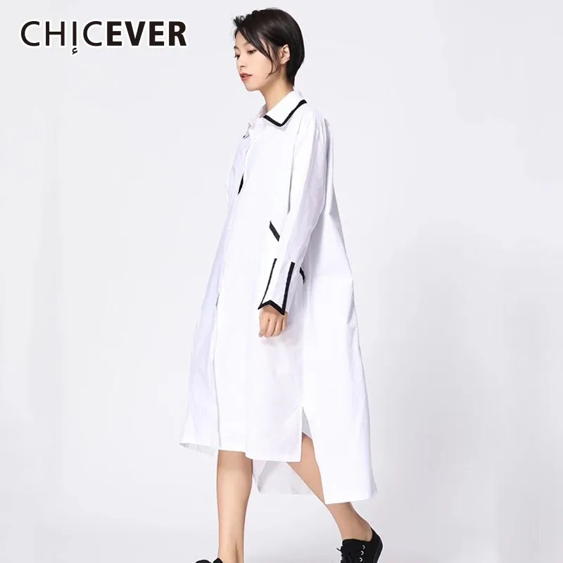 CHICEVER 2020 весенние платья больших размеров с отворотом и длинным рукавом свободное