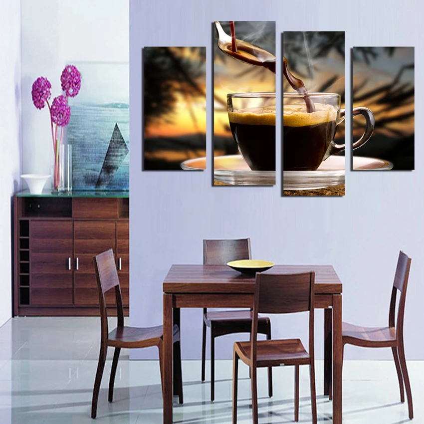 

4 Panels Canvas Painting Coffee background Print Painting On Canvas Wall Art modular pictures Kitchen Home Decoration Unframed