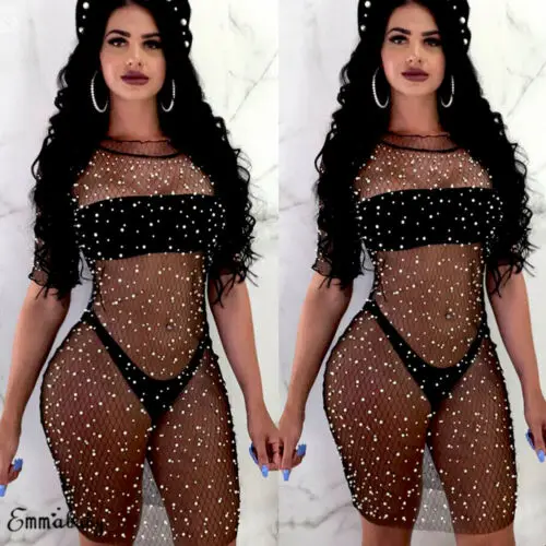 Sexy Womens Sequins Mesh Beachwear Swimwear Bikini Cover Up Ladies Lace Blouse Dress |