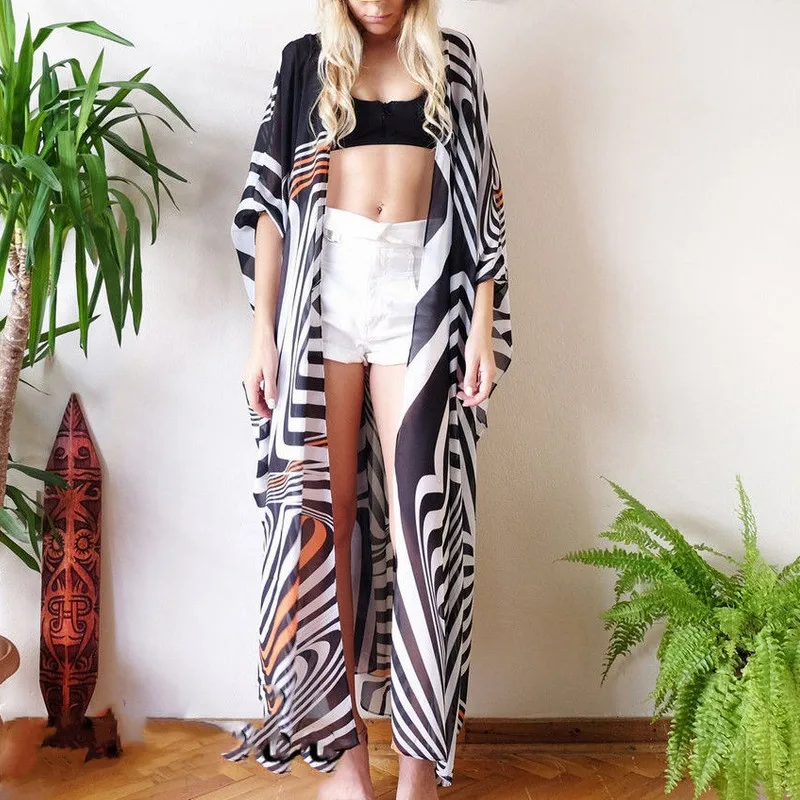 

Womens Summer Chiffon Cover Up Floral Print Multi Color Long Blouse Cardigan Bandage Beachwear Bikini Cover Up Kaftan Loose
