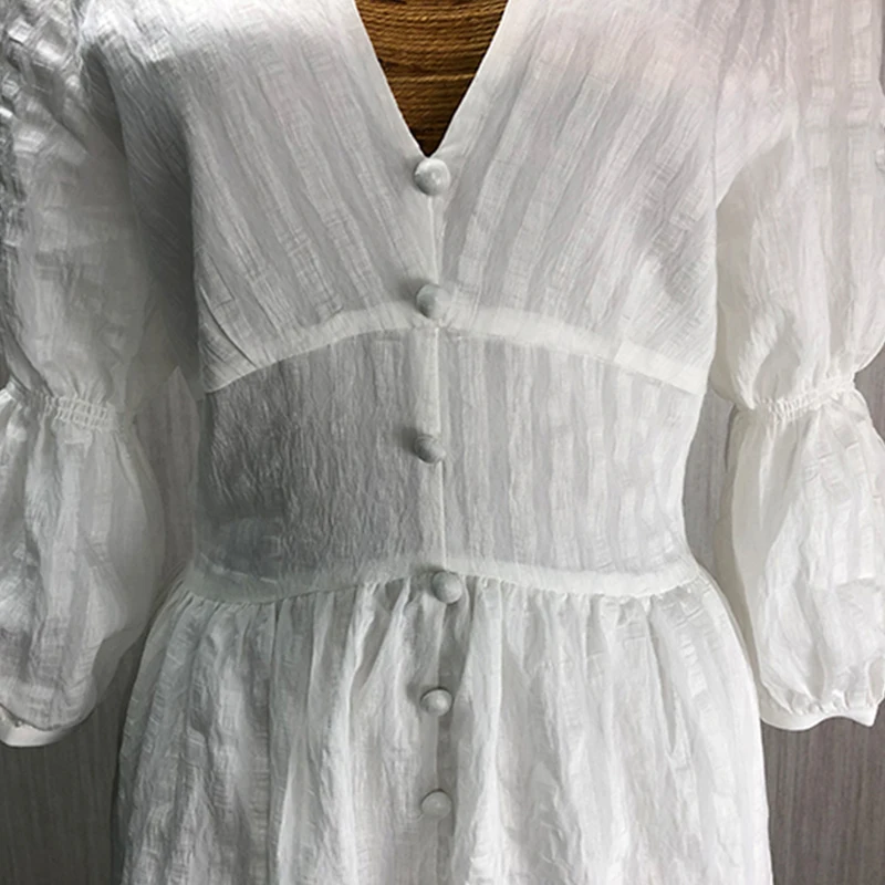 SISPELL Vintage Solid Dress For Women V Neck Puff Sleeve High Waist Slim Midi Summer A Line Dresses Female Fashion New Tide 2019 | Женская