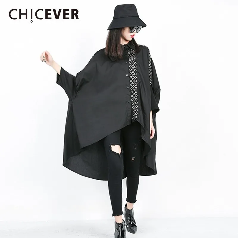 CHICEVER/осенние черные блузки для женщин с отворотом рукав летучая мышь однобортный
