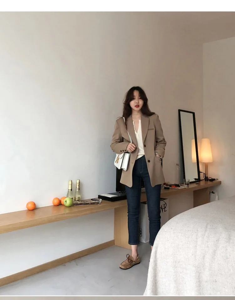Women Blazer Single Breasted Regular Length Solid Notched Pockets Full Sleeve Korean England Style | Женская одежда