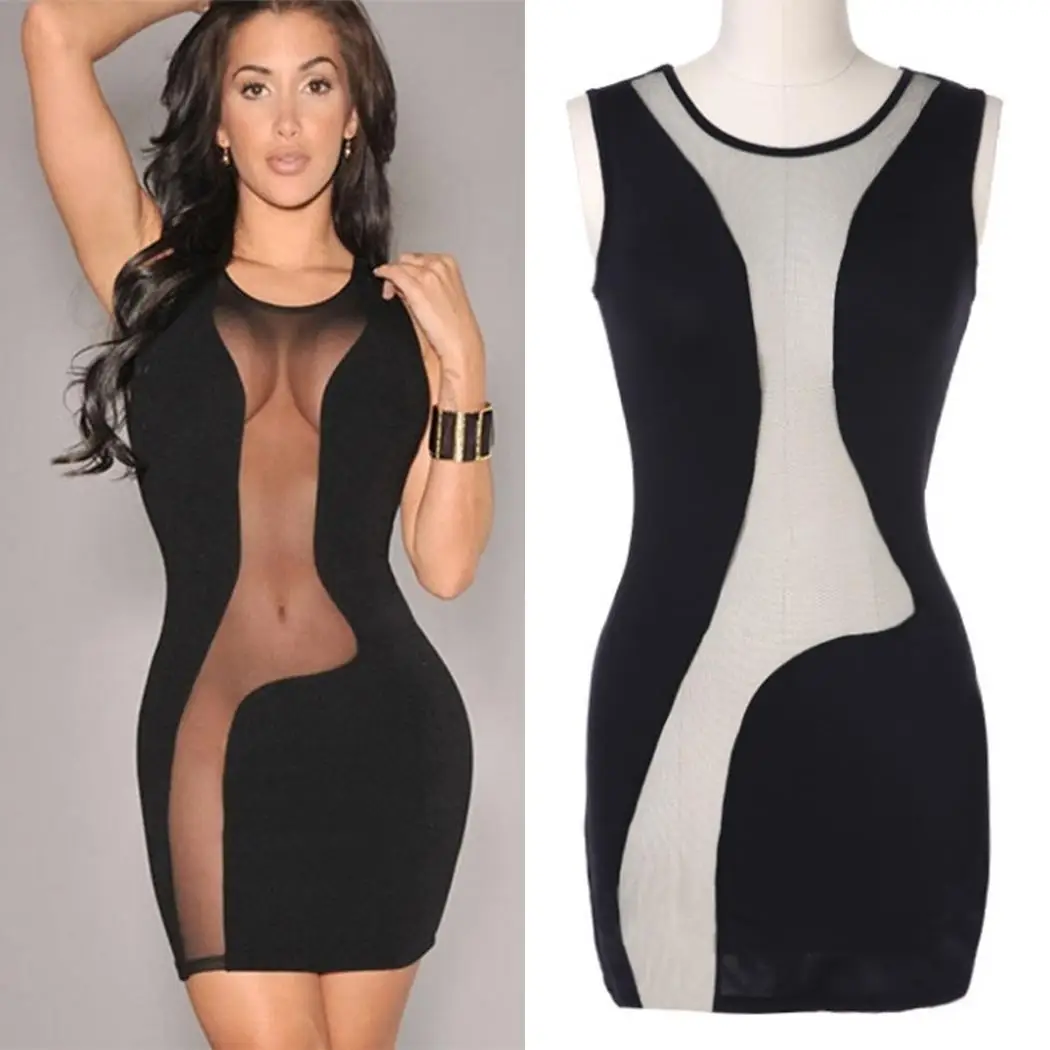 Women Casual O-Neck Sleeveless Solid Mesh Patchwork Slim Mid Waist Sexy Above Knee Bodycon Dress Summer | Женская одежда