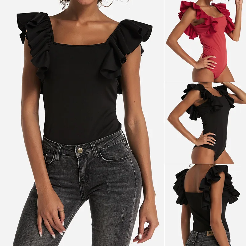 Женский комбинезон с оборками облегающий эластичный без рукавов 2019|Боди| |