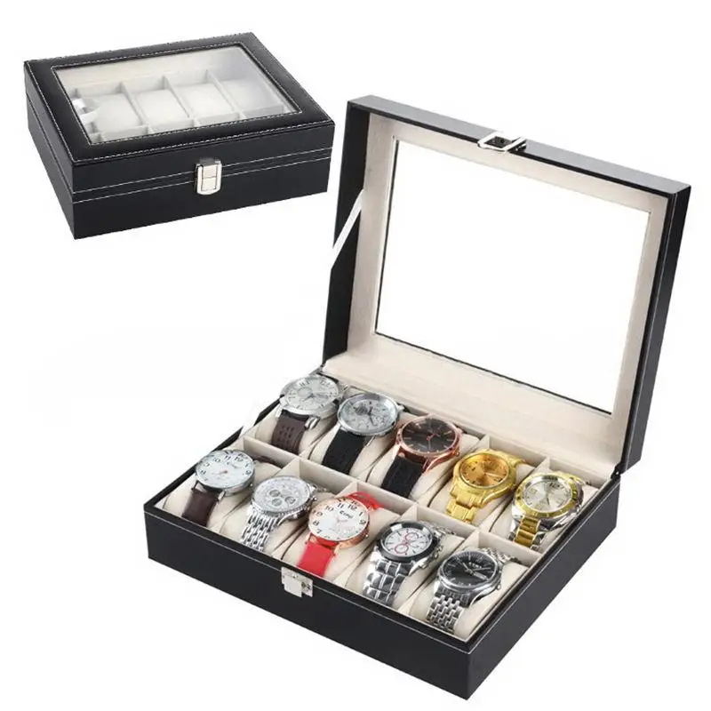 

10 Compartments High-grade Watch Case Leather Watch Box Jewelry Box Gift For Men Leather Watch Collection Storage Box Black