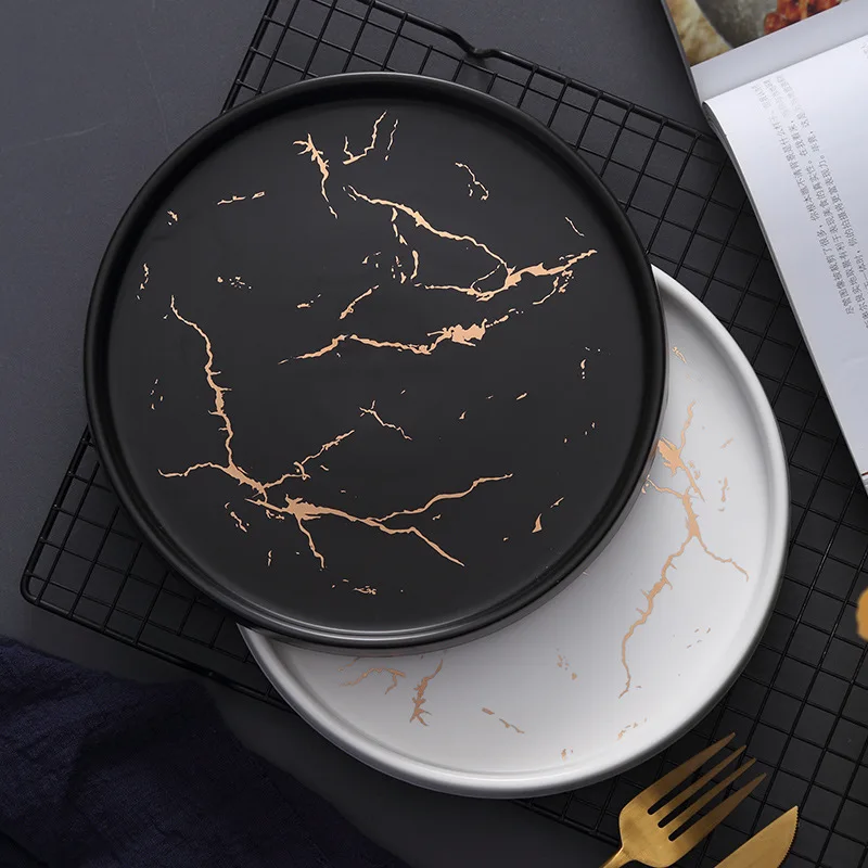 20cm oro nero bianco marmo piatto in ceramica Set di stoviglie in porcellana tavolo da cucina decorazione in stile europeo piatto da bistecca da Dessert