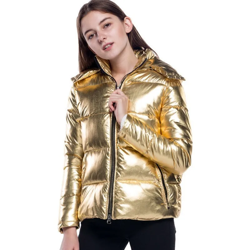 Female Laser Metallic gold color Jacket Women bread style Luxury shiny Windbreaker Hooded coat Thick Cotton Padded Outwear A9056 | Женская