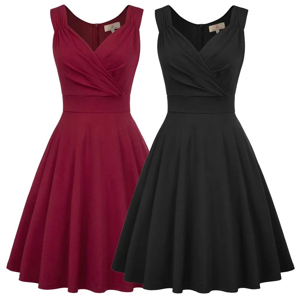 Women Sleeveless Flare Dress A-Line Solid Color V-Neck Party Casual Summer | Женская одежда