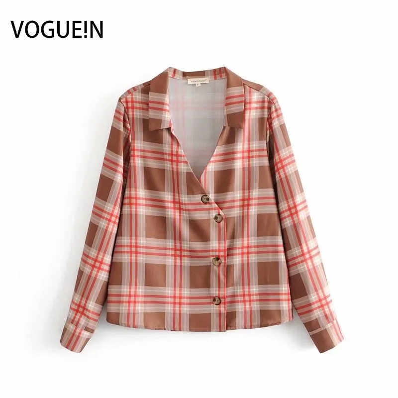 VOGUEIN Новая женская с v образным вырезом клетчатая печать длинным рукавом