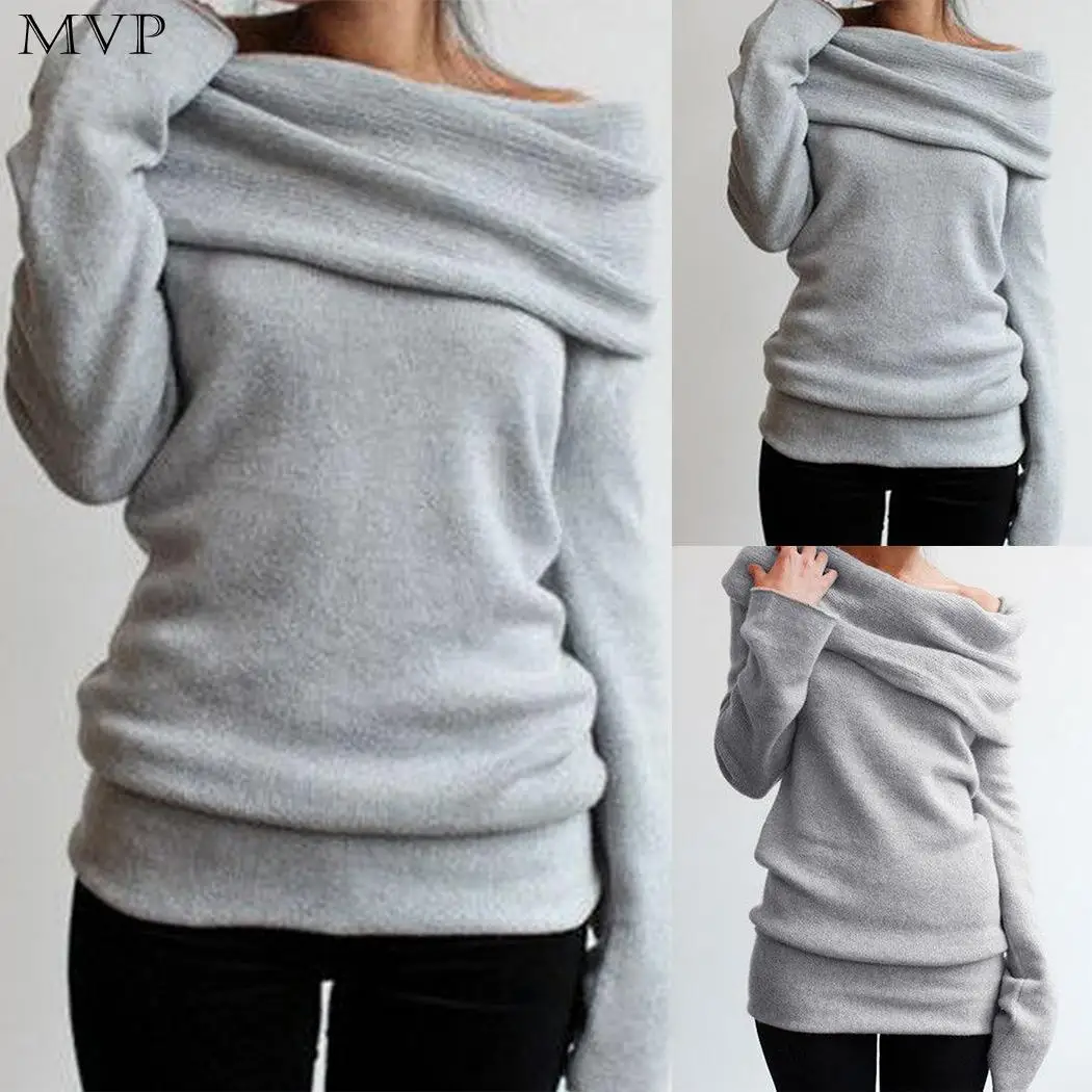 Women Casual Slash Neck Long Sleeve Off Pullover Autumn Winter Shoulder Solid Sweater | Женская одежда