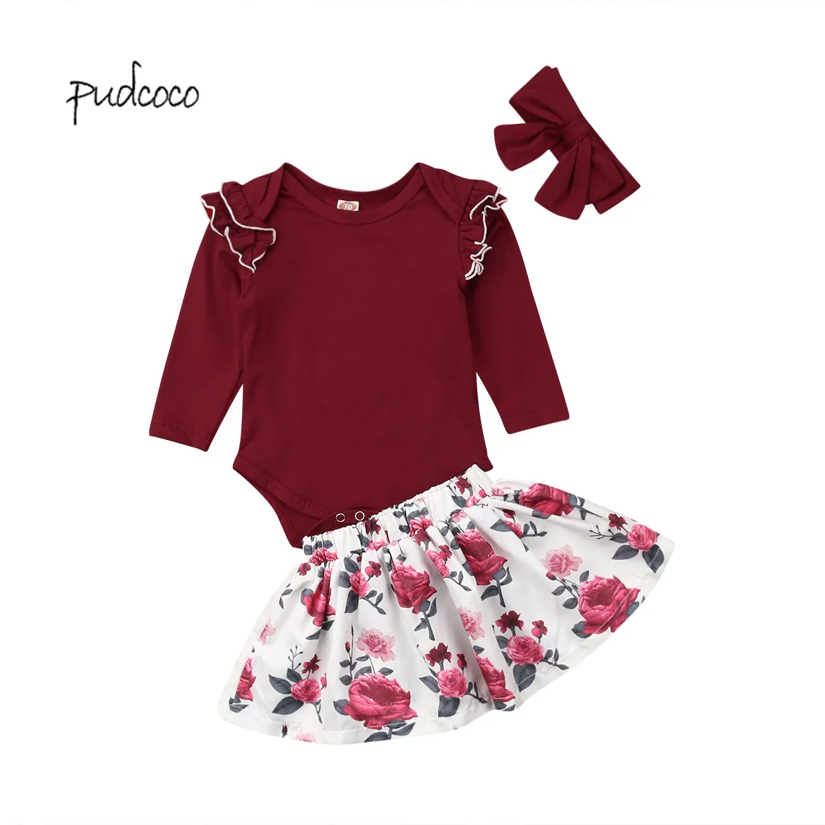 Новый бренд Pudcoco 3 шт. боди с оборками для новорожденных девочек + юбка цветочным