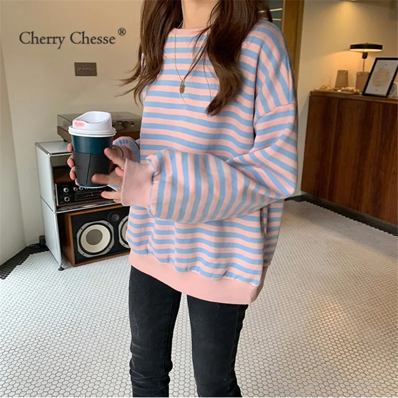 Cherry Chesse элегантный дизайн полосатый для женщин Толстовка флисовые толстовки