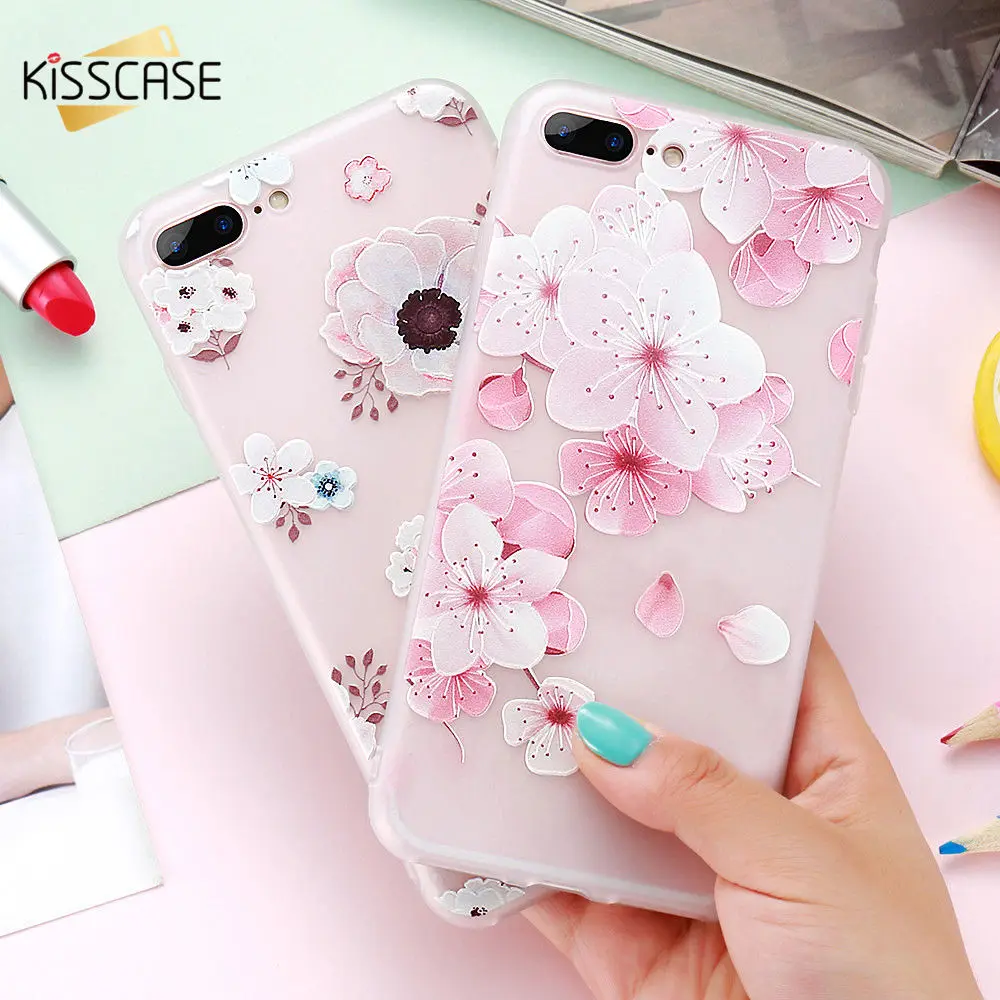 KISSCASE 3D Relief Flower Case For iPhone 7 8 Plus XS Max XR Soft Floral Cases X 6 6S 5 5S SE TPU Cover |