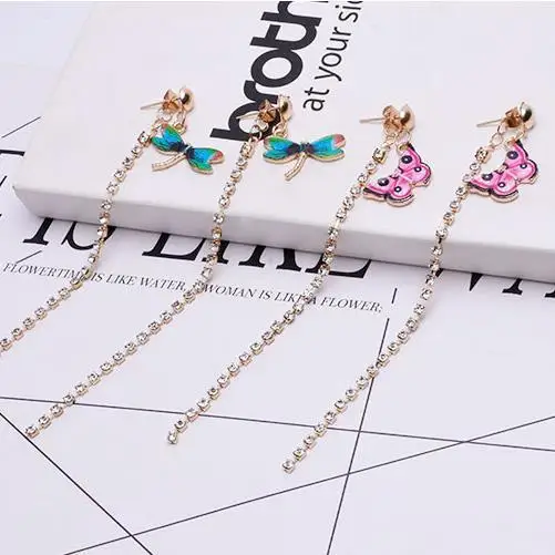 

Simple Fashion Butterfly Dragonfly Crystal Tassel Long Earrings Korean Personality Wild Drop Earrings Jewelry Gift