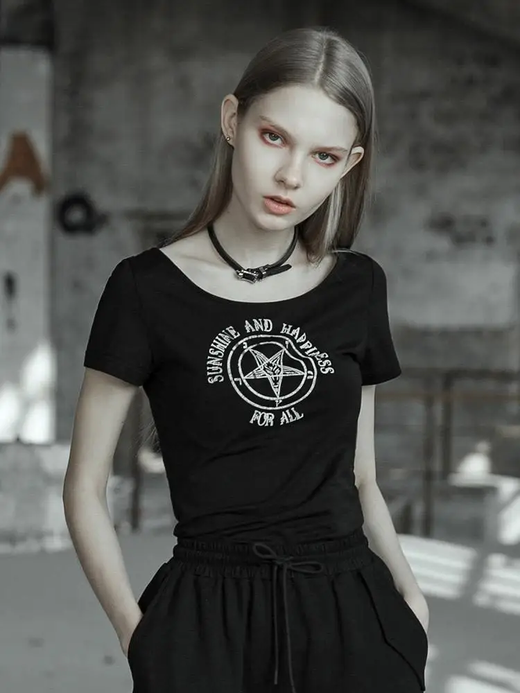 Женская футболка с пентаграммой Goth Rave в стиле панк открытой спинкой PT 371|Футболки|