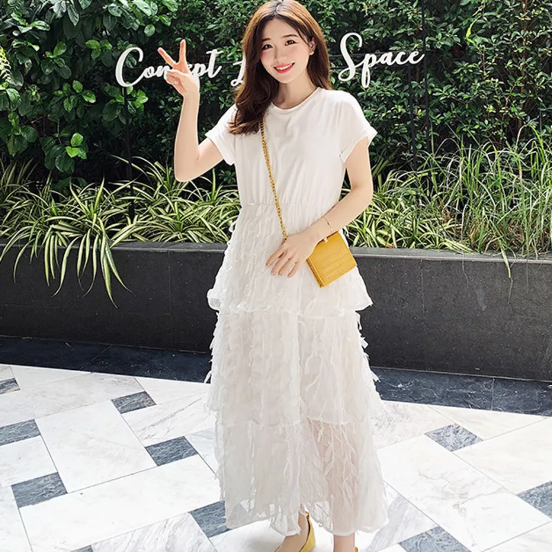 LANMREM 2020 New Fashion Short Sleeve Patchwork Lace Hemline High Waist White Dress For Women Female's Clothing Vestido YG80600 | Женская