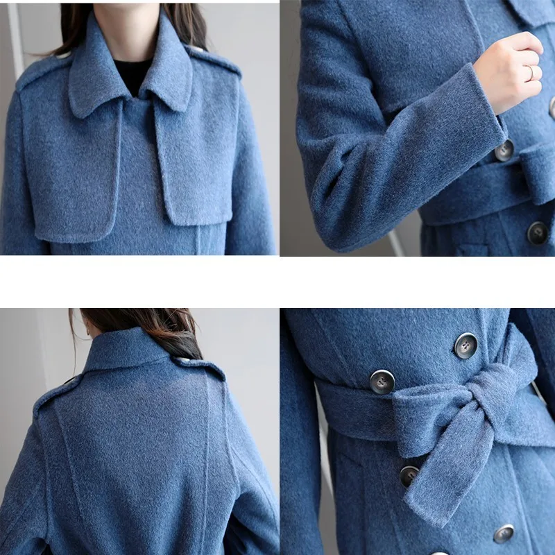 

Woolen Overcoat Female 2020 Autumn Winter Double Breasted With Belt Slim Cashmere Jacket Blue Wool Coat Long Plus Size Okd595