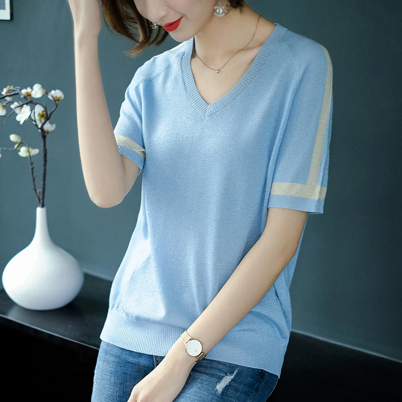2019 Shiny Lurex Summer knitted Slim Pullover Women V-Neck Sweater Shirt Female All-match Basic Short Sleeve female sweater | Женская