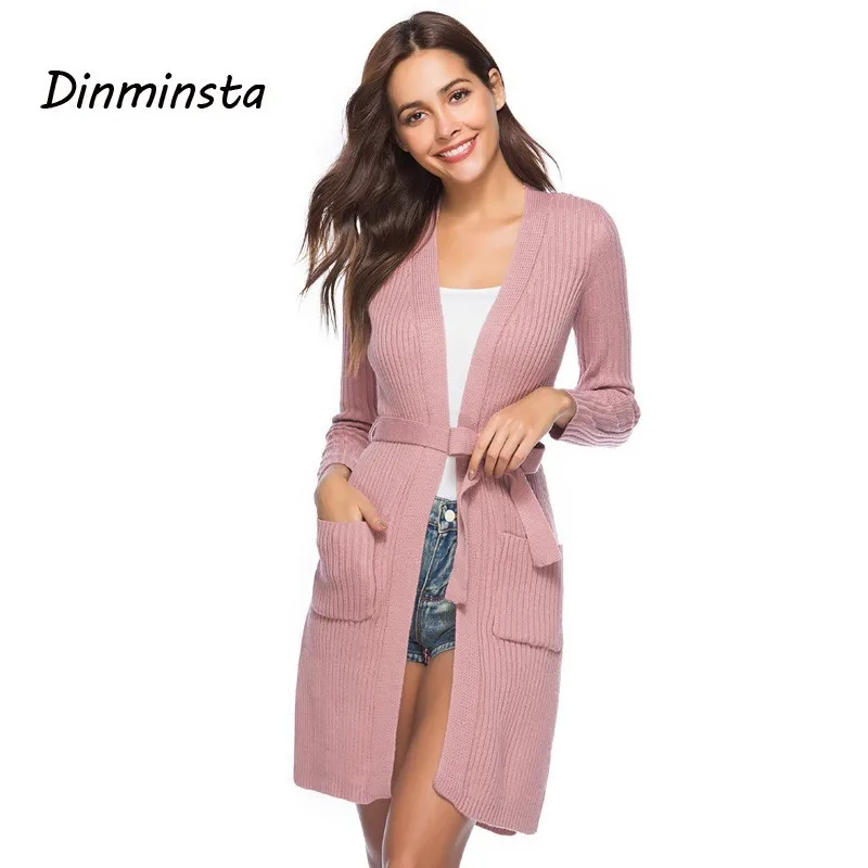 Женский кашемировый свитер Dinminsta длинный кардиган с поясом повседневный