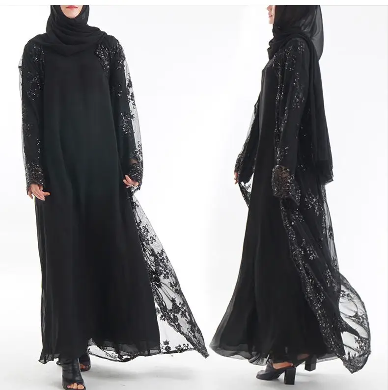 Модный роскошный женский кардиган abaya с блестками, мусульманское длинное платье, блестящее, Дубай, с вышивкой, кружевной кафтан, исламский халат, кимоно, новинка