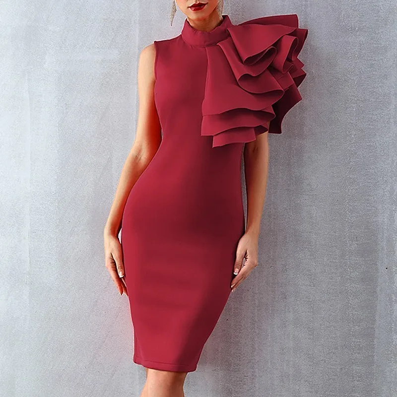 TWOTWINSTYLE Ruffles Off Shoulder Knee Length Dress Women Stand Sleeveless High Waist Bodycon Dresses Female Fashion 2020 Spring | Женская