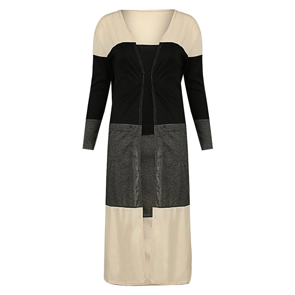 Cardigan Women Coats Open Stitch Female Elegant X-Long Trench Pocket Loose Autumn Winter Cardigans Patchwork Outerwear | Женская одежда