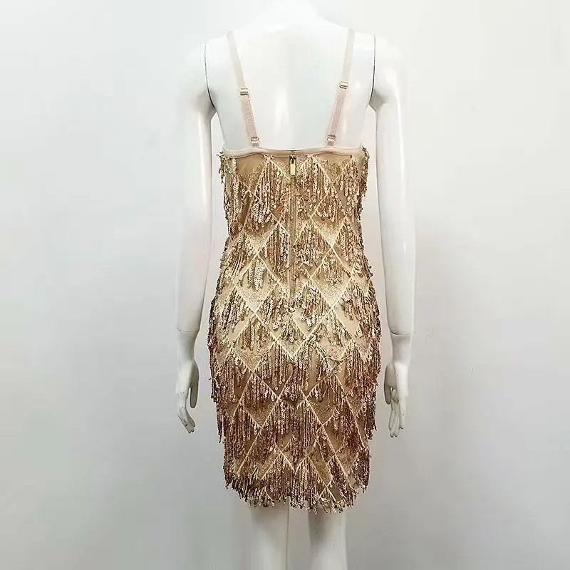 

High Quality Gold Sleeveless Tassel Rayon Bandage Dress Night Club Party Dress