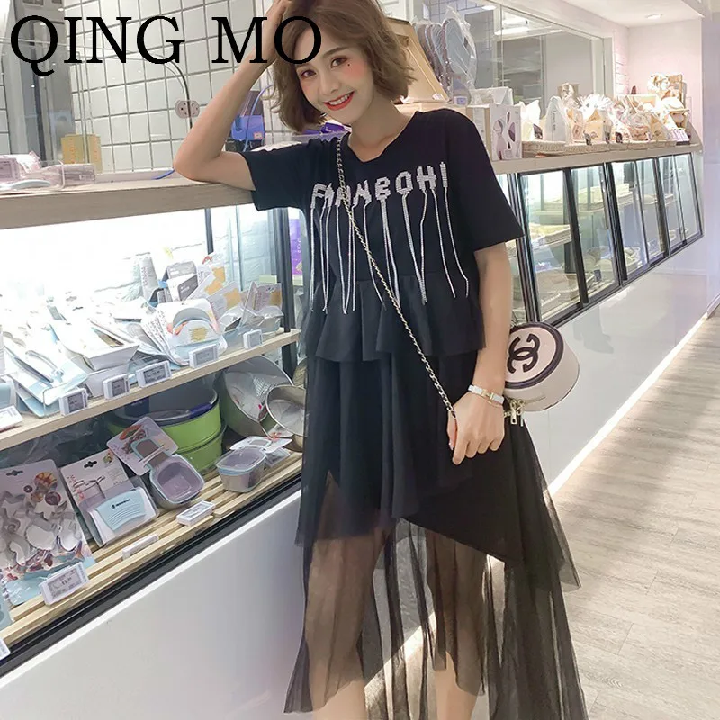 QING MO женское летнее платье с блестками черное Сетчатое кисточками модель ZQY066 2019 |
