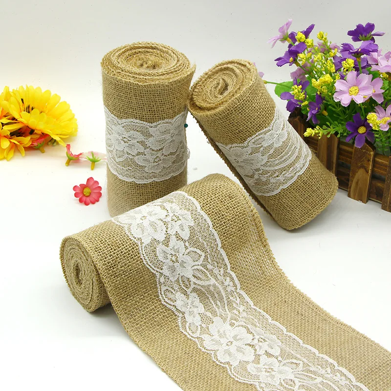 

Изящная 15 см x 240 см Натуральная джутовая лента из мешковины с хлопковым кружевом, ткань для рукоделия