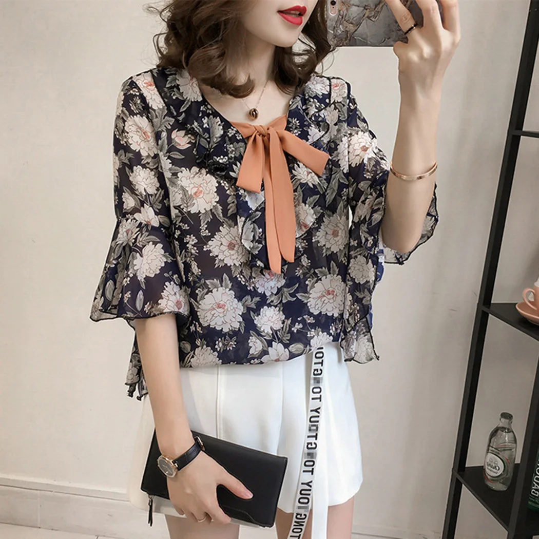 2019 новый цветочный для женщин оборками короткий рукав рубашка Boho Harajuku шифоновые