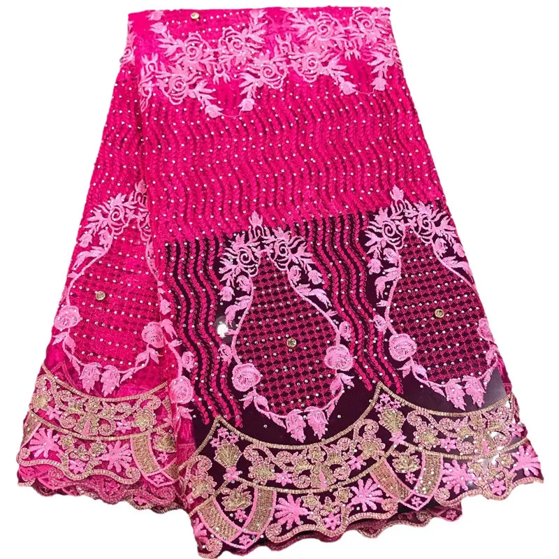 

New arrival fushia and pink color mysterious pattern design with stones Dress Fabric AF48 Free Shipping Tulle Lace Fabric