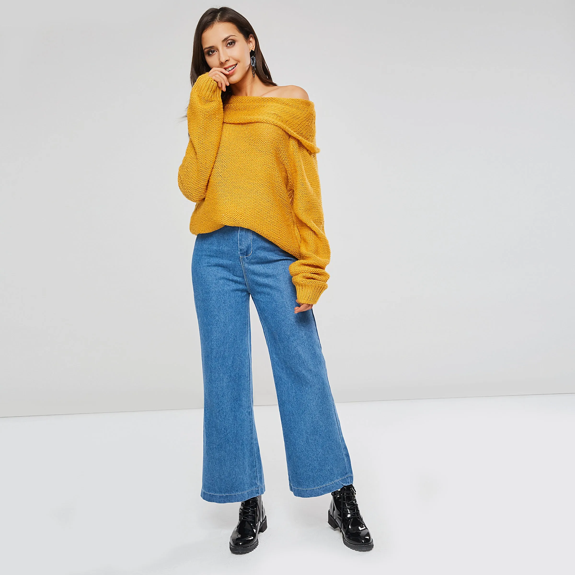 Women Winter Sweaters Casual Boho Yellow Plus Size Loose Pullover Thin Wool Lantern Sleeve Plain Female Fashion OL Tops Knitwear | Женская