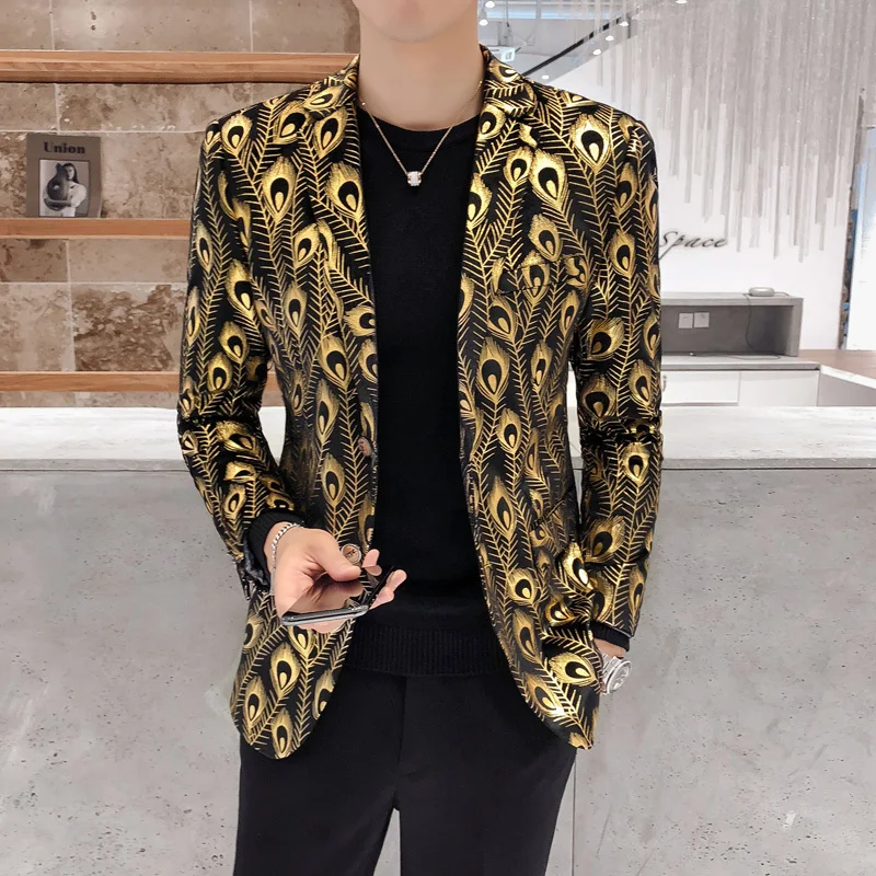 Британский стиль блейзеры бархатные Chaqueta Elegante Hombre с золотым принтом Slim Fit Блейзер