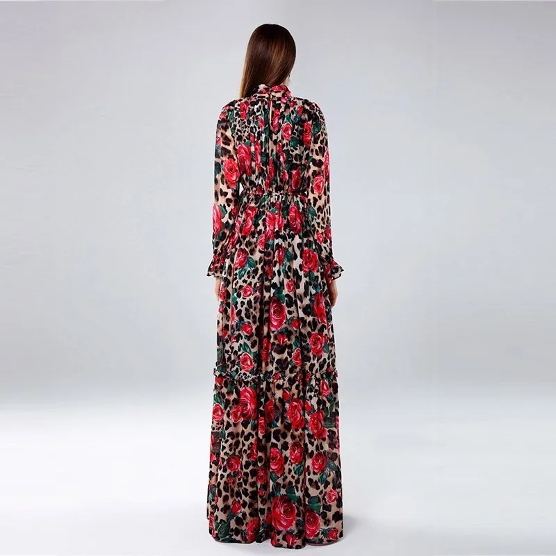 CHICEVER весеннее женское платье с принтом стоячий воротник рукав-фонарик высокая