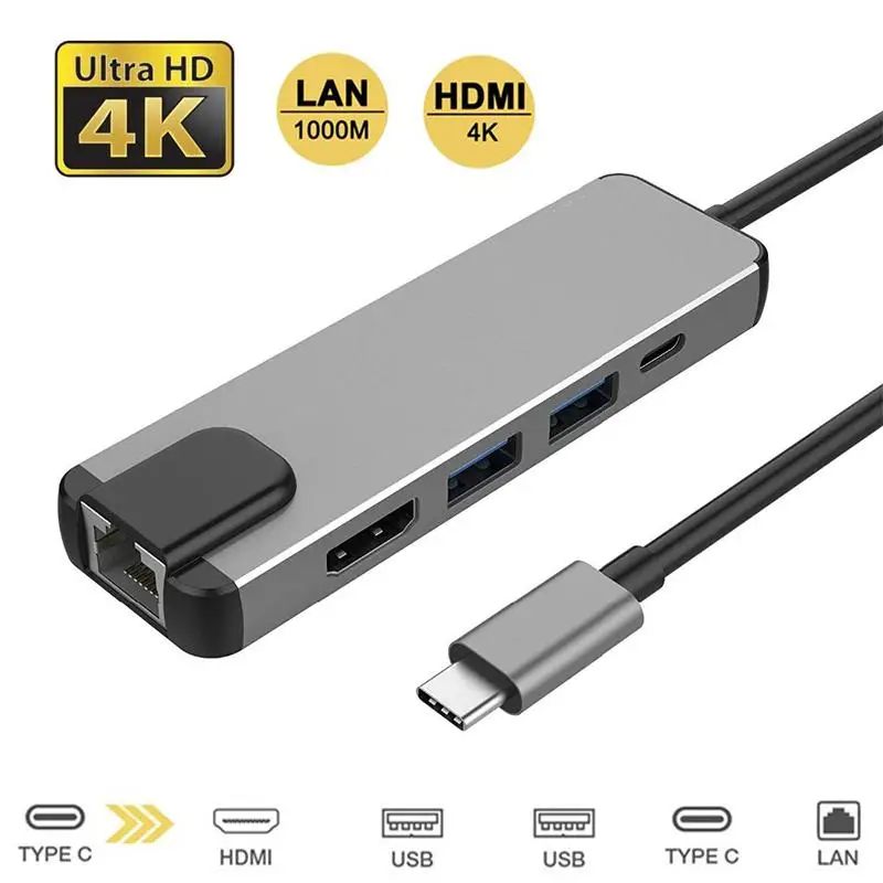 5 в 1 Type C концентратор HDMI USB для Gigabit Ethernet Rj45 Lan адаптер Macbook Pro Thunderbolt 3 зарядное