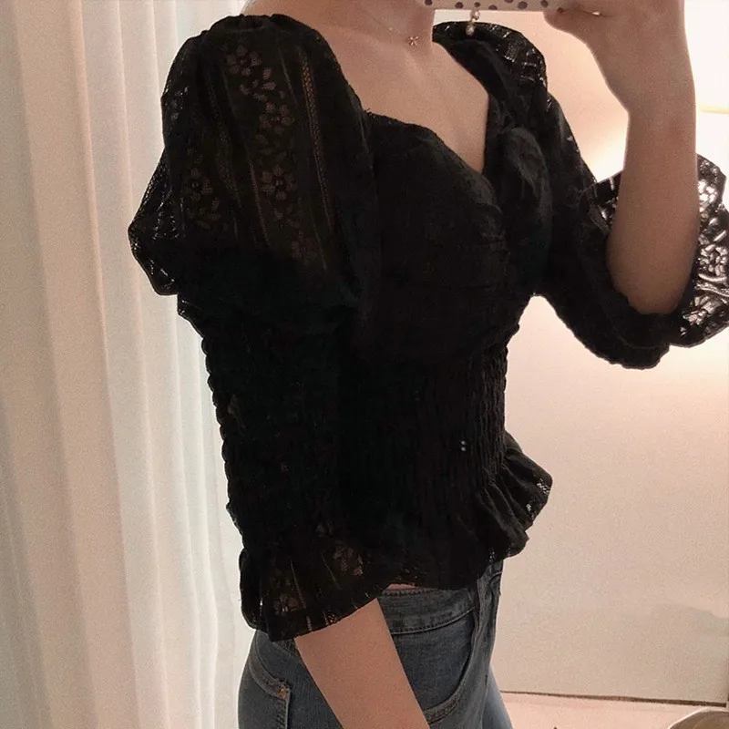 TWOTWINSTYLE 2019 весенние винтажные кроп Топы женские Нерегулярные Воротник с пышными
