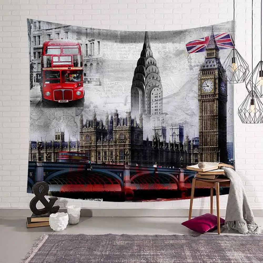300x150cm British Style Tapestry European Red Bus Printed Wall Hanging 4 Sizes 3D Art Carpet City Landscape Home Decor | Дом и сад