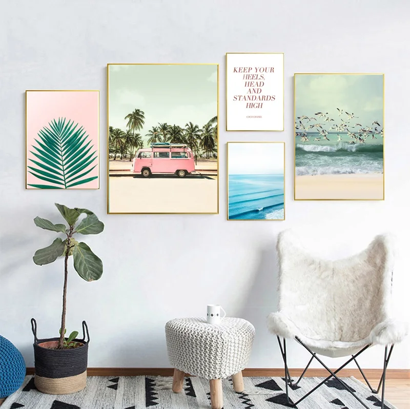 

Nordic Seascape Posters and Prints Green Plants Canvas Painting Modern Home Decoration Wall Pictures for Living Room Unframed