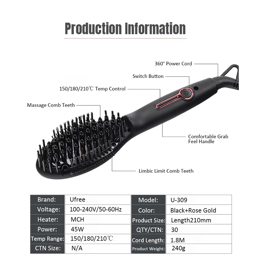 Top Sale Ufree U-309 Negative Straight Brush Tourmaline Ceramic Straightener Hair Straightening Comb Perfect Styler 110-220V U | Красота и