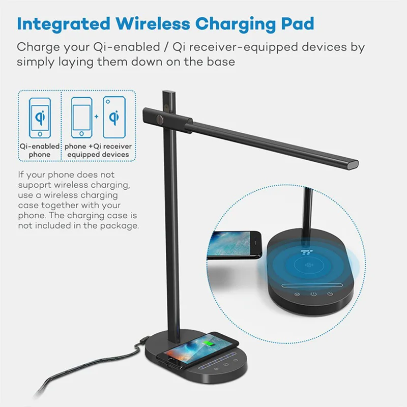 

High End 10w Touch On Switch Desk Lamp 6 Levels Brightness 2800-6000k Eyecare Wireless/usb Charge Port Desk Table Lamp
