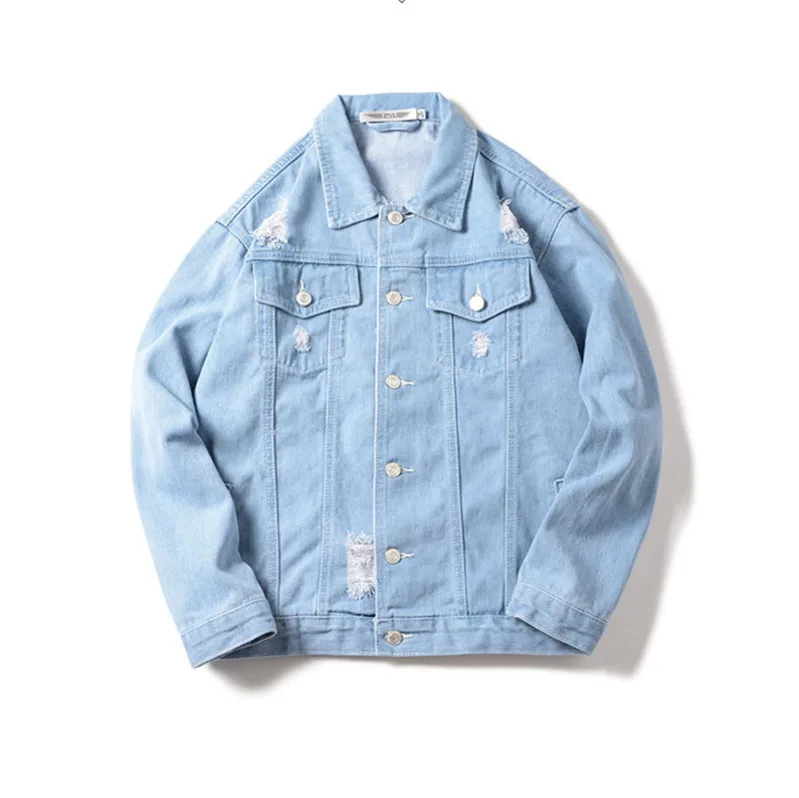 

2019 Cotton Solid Denim Jacket Mens Spring Autumn Slim Fit Bomber Jackets Mens Hole Jean Jacket Male Cowboy Outwear A9093