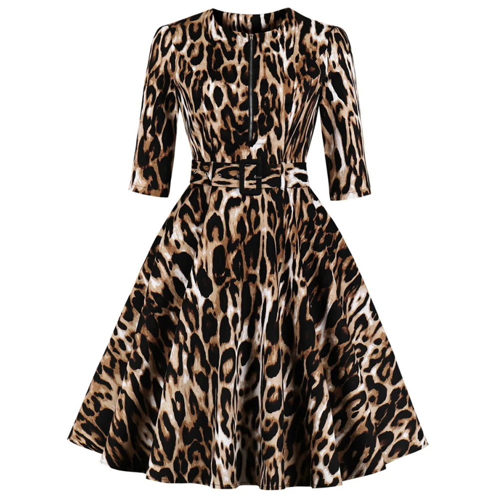 Winter Women Dresses 50S 60S Vintage Robe Swing Pinup Elegant Party Dress Long Sleeve Casual Leopard Print Pockets|Женские платья| |