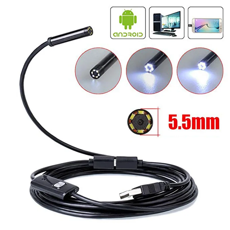 

720P Endoscope Camera 8mm Lens Android USB Endoscope Flexible Snake Cable Led Light Inspection Camera For Phone PC Borescope